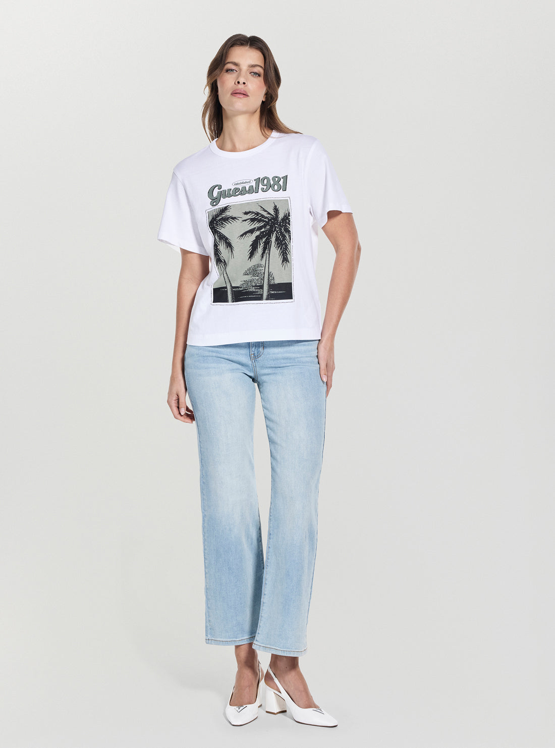GUESS Womens White Palm Print Washed T-Shirt W5YI17I3Z14 Full View