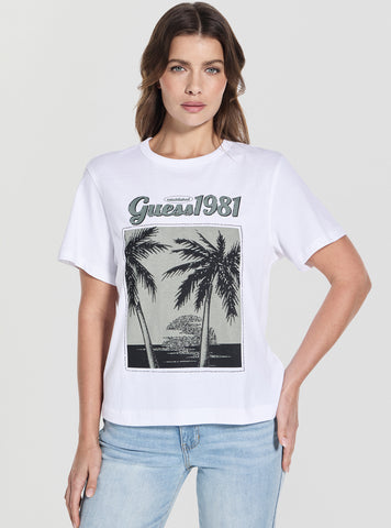 GUESS Womens White Palm Print Washed T-Shirt W5YI17I3Z14 Front View