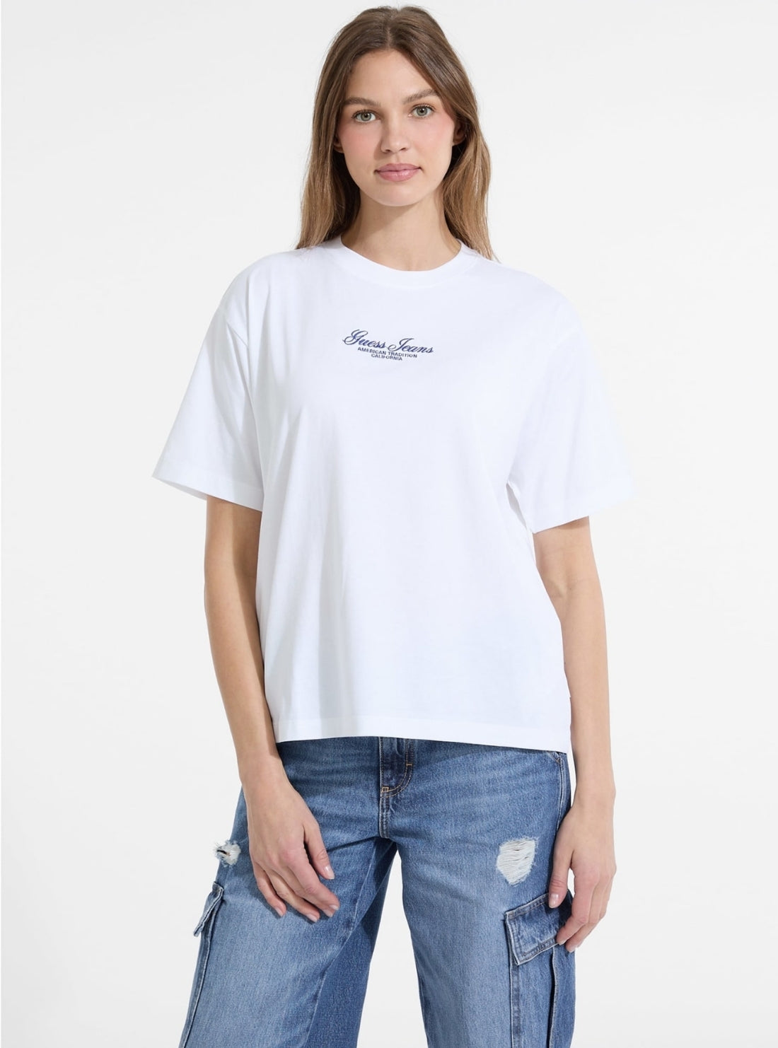 Guess Jeans White Oversized Script T-Shirt W5YI25K8HM0 Front View