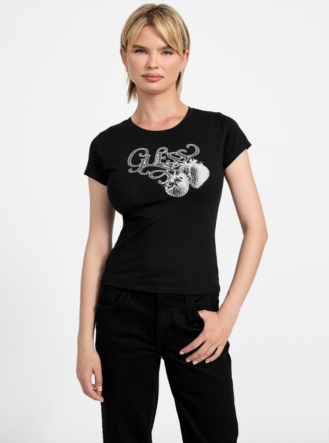 GUESS Womens Eco Black Strawberry R5 T-Shirt W5YI29K49A1 Front View