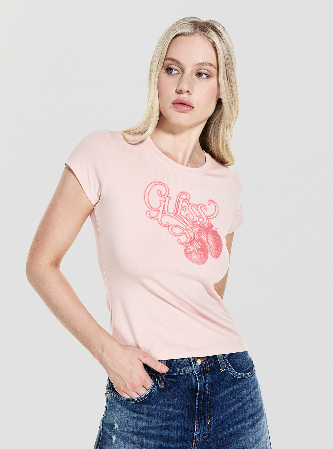 GUESS Womens Eco Pink Strawberry R5 T-Shirt W5YI29K49A1 Front Side View