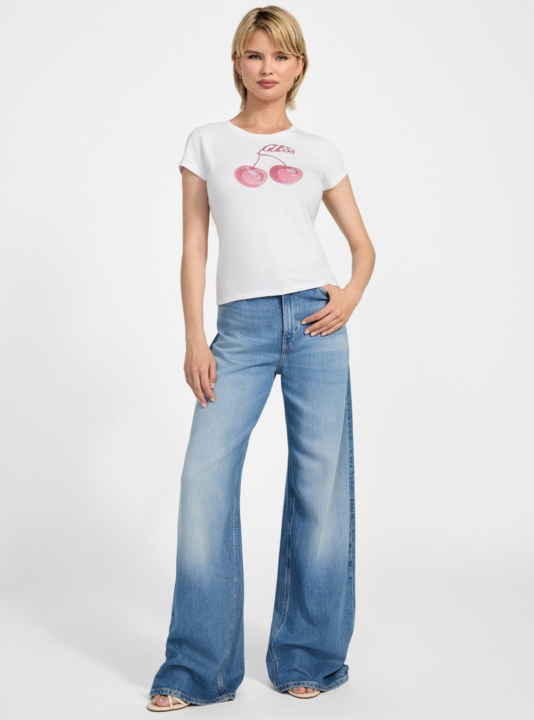 GUESS Womens Eco White Wavy Cherry Logo T-Shirt W5YI30K49A1 Full View