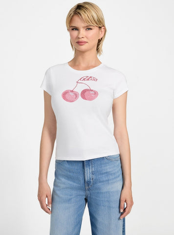 GUESS Womens Eco White Wavy Cherry Logo T-Shirt W5YI30K49A1 Front View