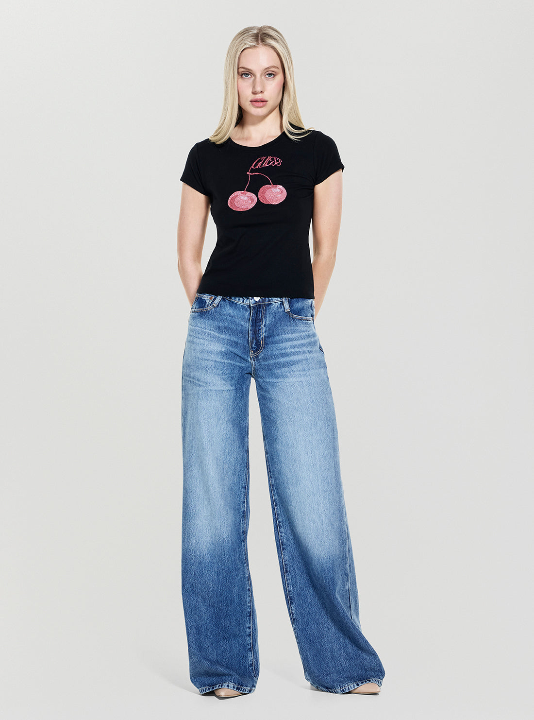 GUESS Womens Eco Black Wavy Cherry Logo R5 T-Shirt W5YI30K49A1  Full View