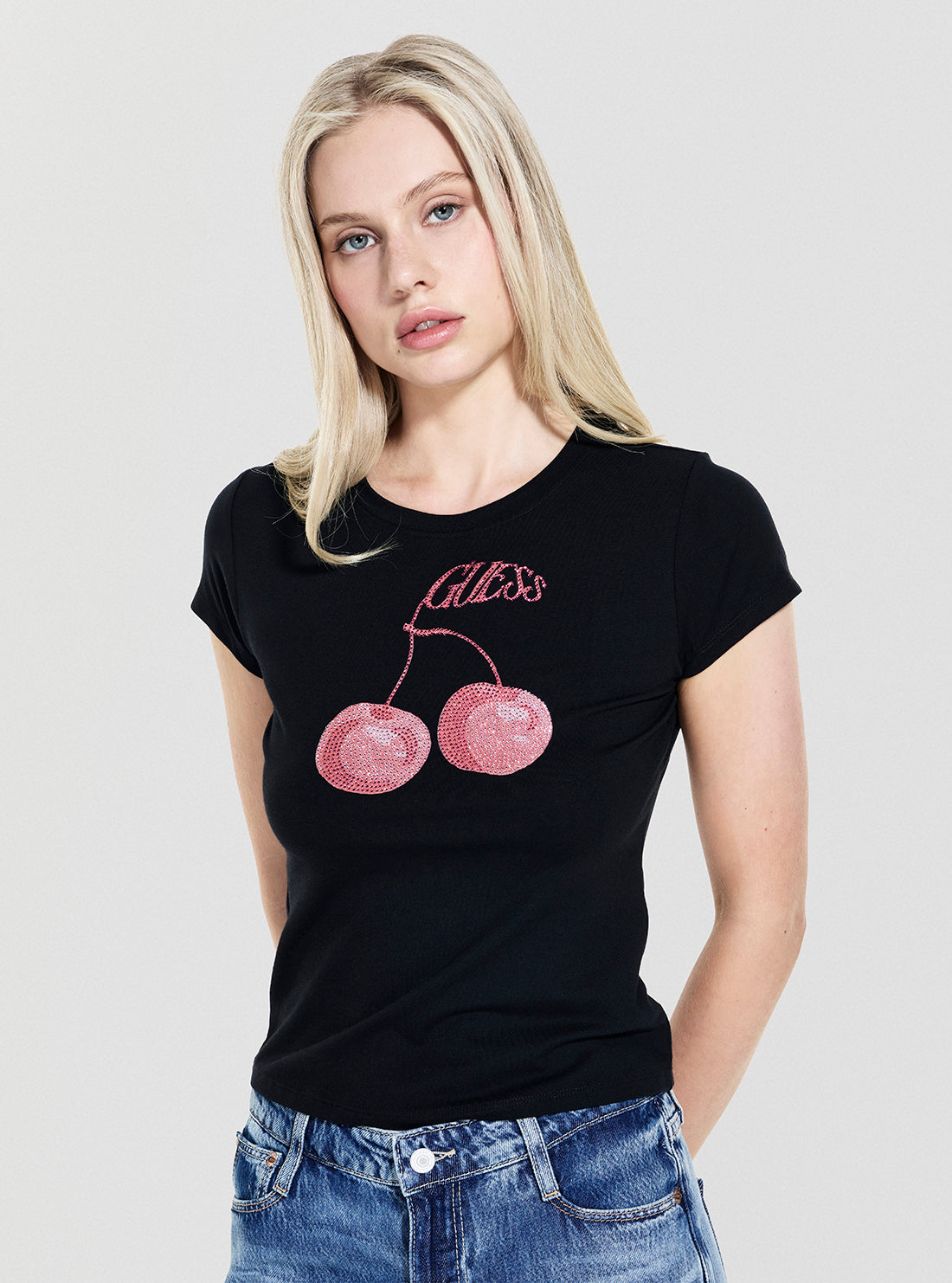 GUESS Womens Eco Black Wavy Cherry Logo R5 T-Shirt W5YI30K49A1 Front View