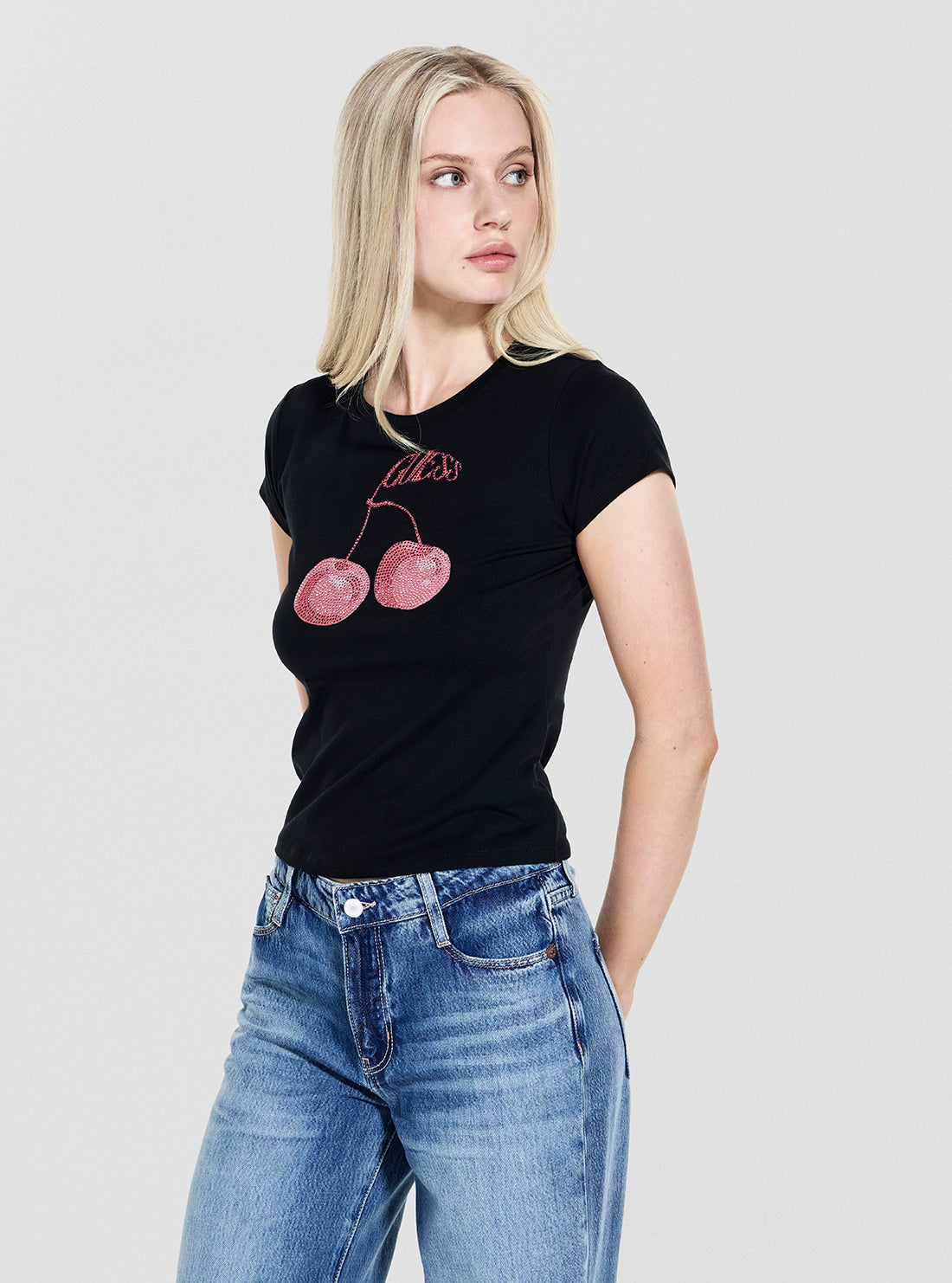 GUESS Womens Eco Black Wavy Cherry Logo R5 T-Shirt W5YI30K49A1  Front Side View