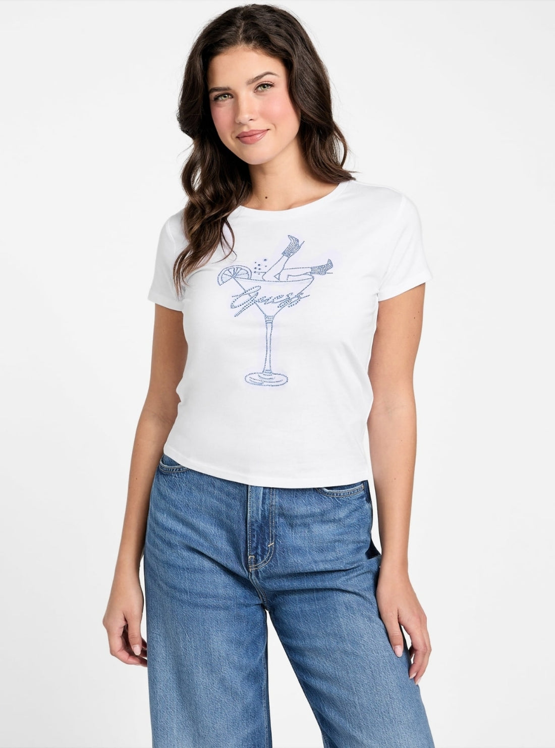 GUESS Womens Eco White Tini Boots Bling Baby T-Shirt W5YI31K9RM1 Front View