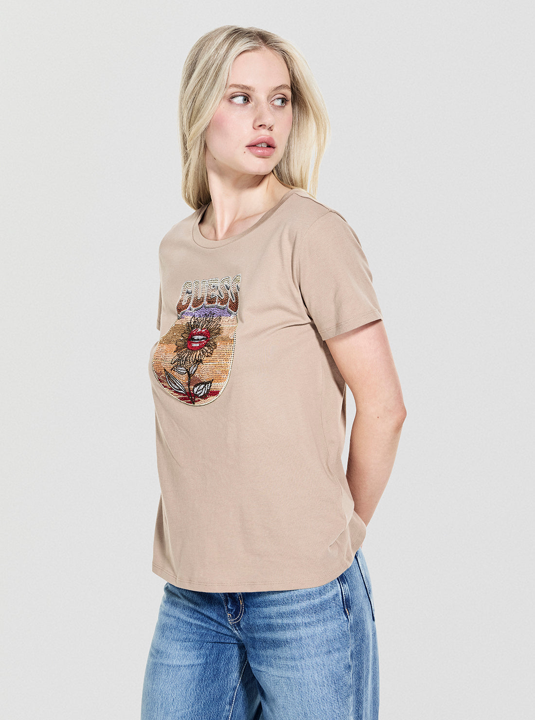 GUESS Womens Eco Brown Desert Flower Easy T-Shirt W5YI32K9RM1 Side View
