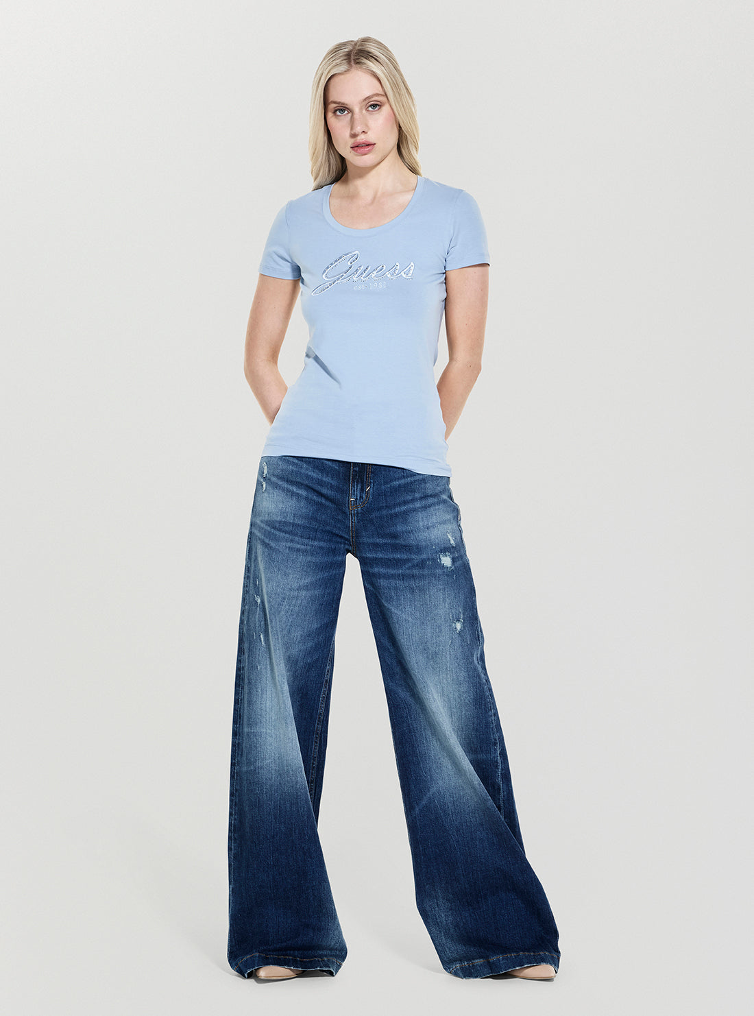 GUESS Womens Blue Embroidered Script Logo T-shirt W5YI46J1314 Full View