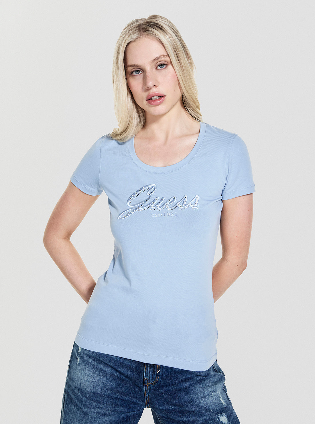 GUESS Womens Blue Embroidered Script Logo T-shirt W5YI46J1314 Front View
