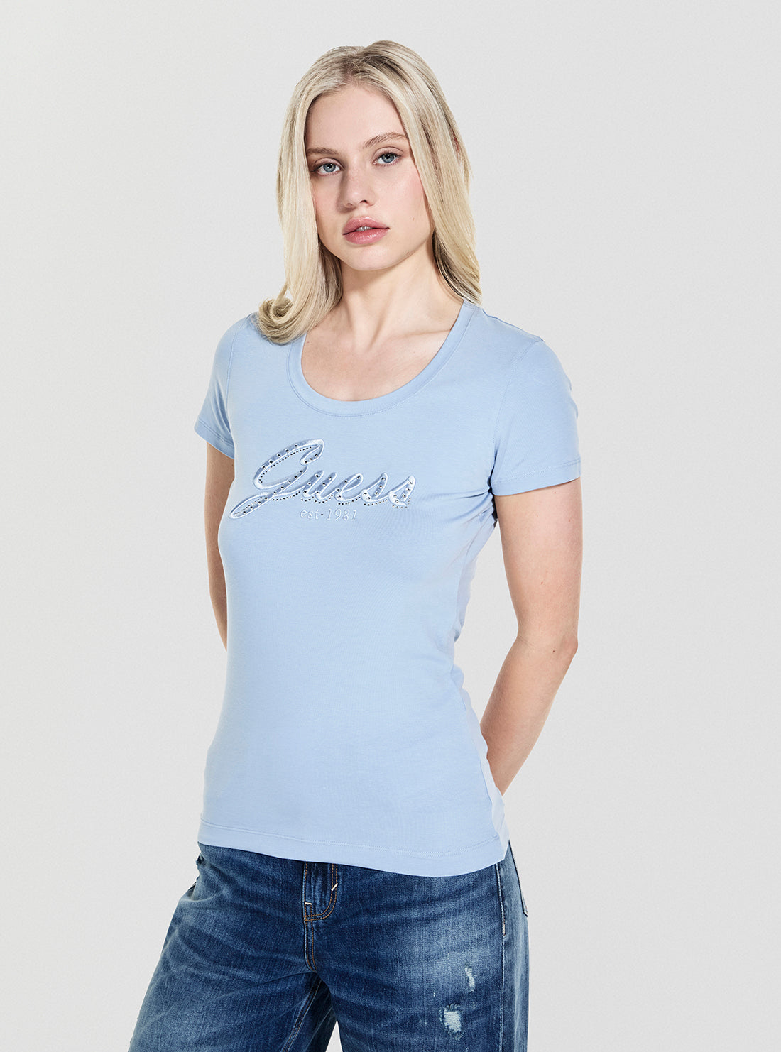 GUESS Womens Blue Embroidered Script Logo T-shirt W5YI46J1314 Front Side View