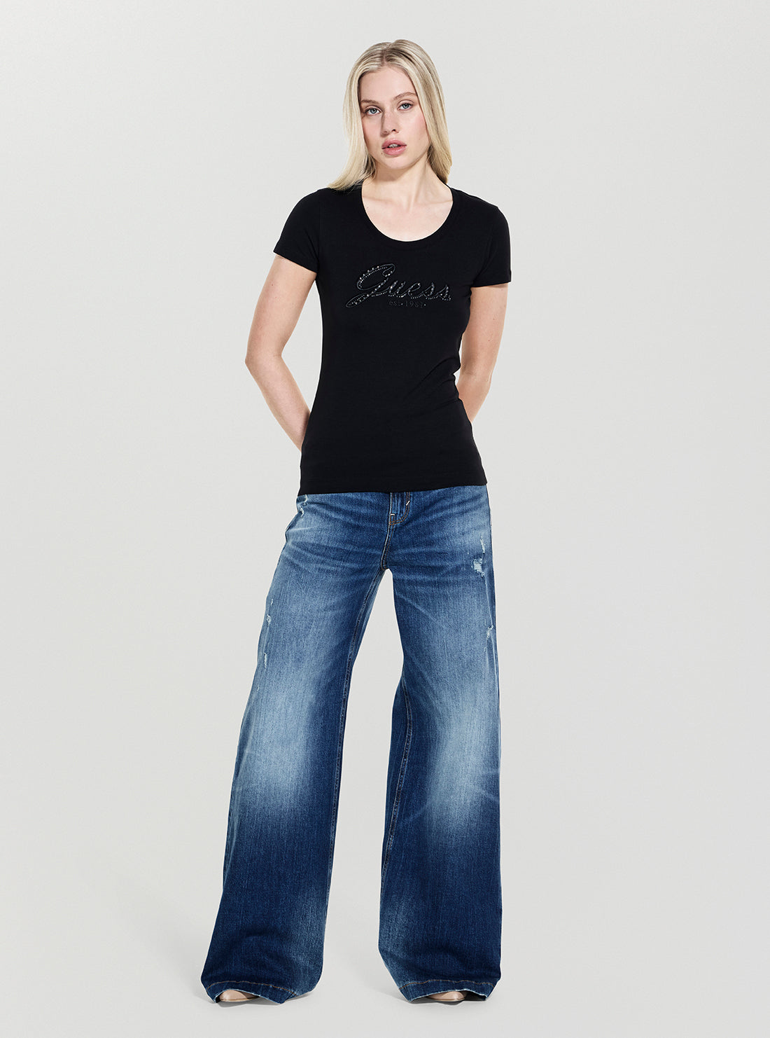 GUESS Womens Black Embroidered Script Logo T-Shirt W5YI46J1314 Full View