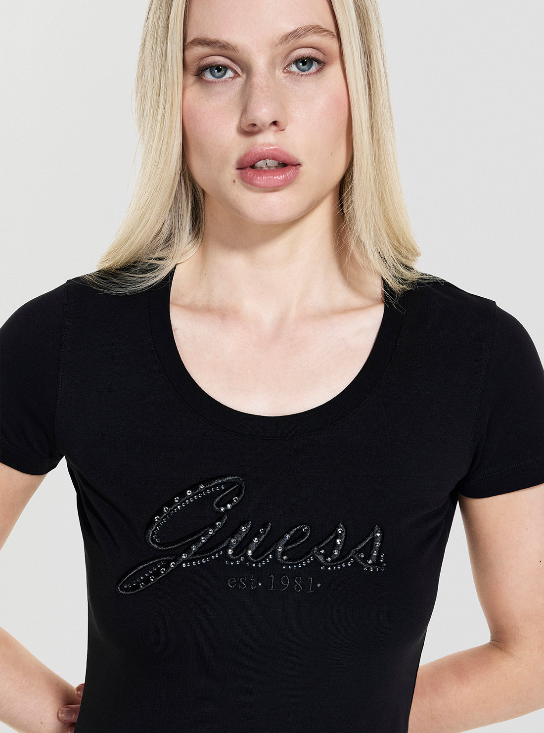 GUESS Womens Black Embroidered Script Logo T-Shirt W5YI46J1314 Detail View
