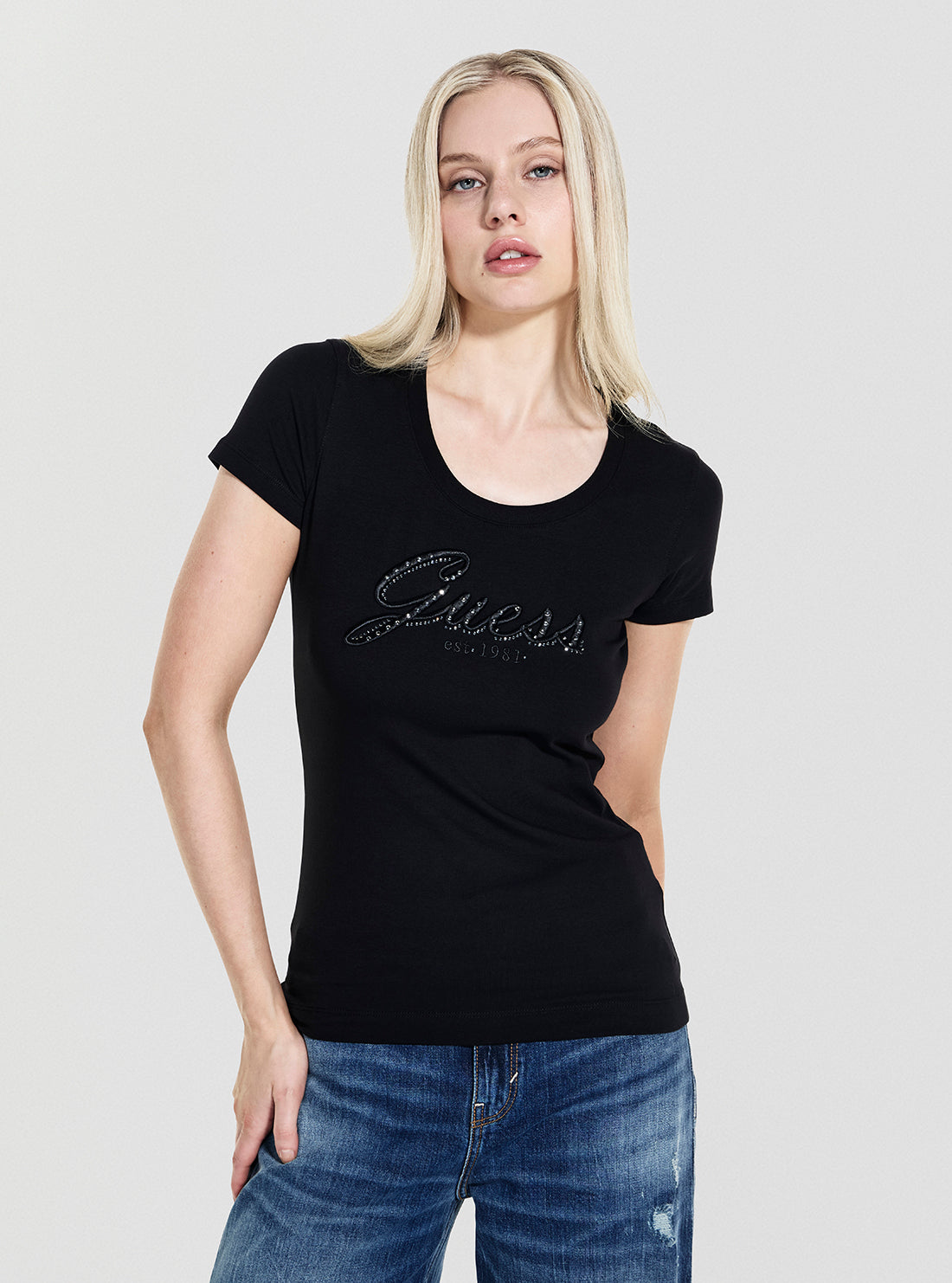 GUESS Womens Black Embroidered Script Logo T-Shirt W5YI46J1314 Front View