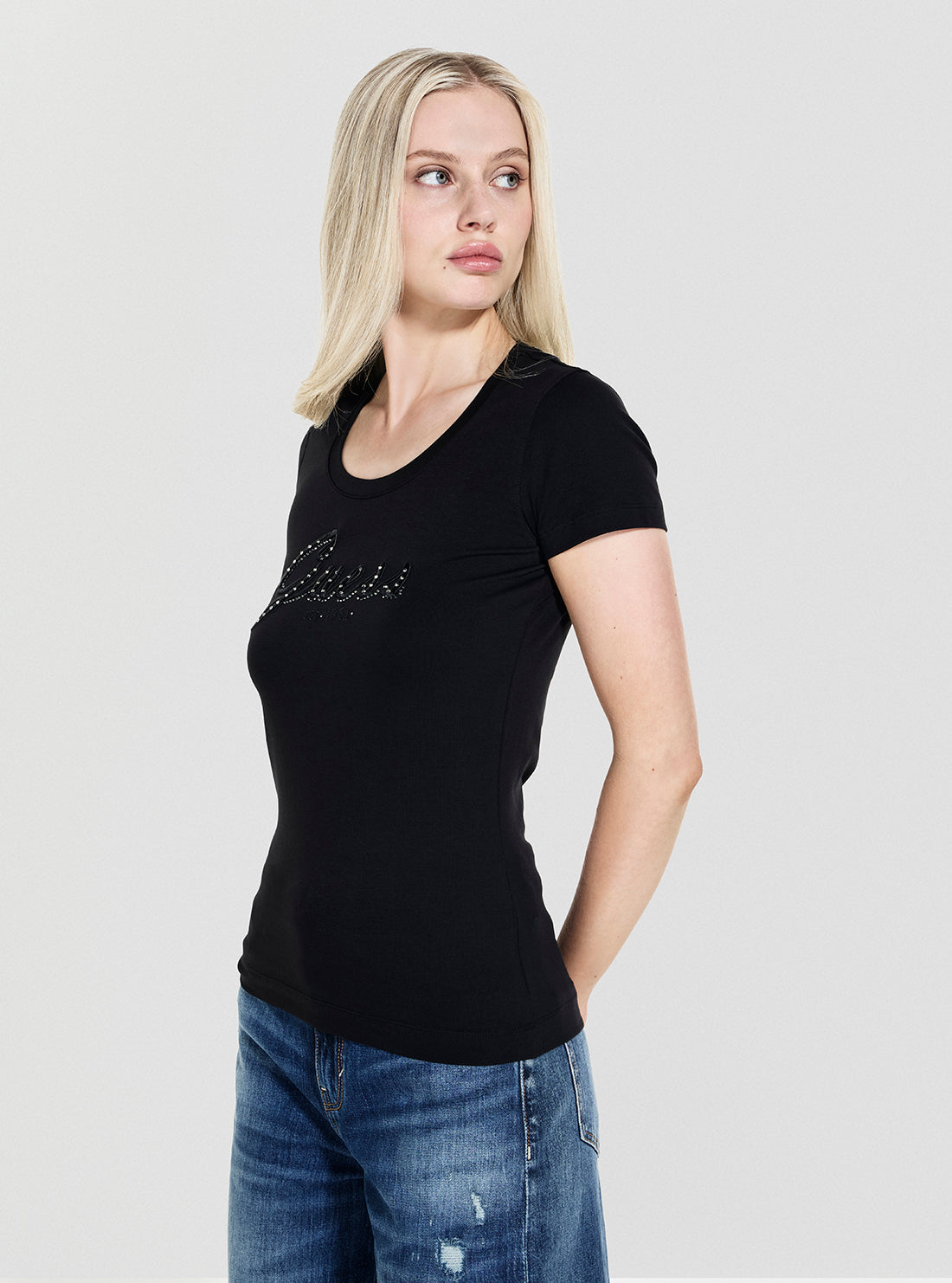 GUESS Womens Black Embroidered Script Logo T-Shirt W5YI46J1314 Side View