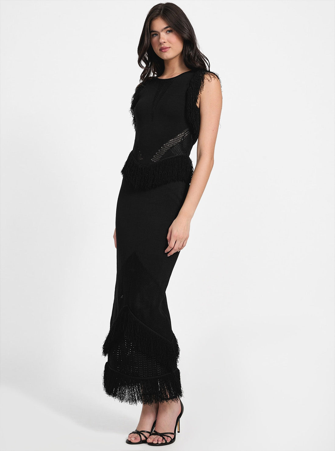 GUESS Womens Black Luisa Fringe Maxi Sweater Dress W5YK0FZ30Y2 Full Side View