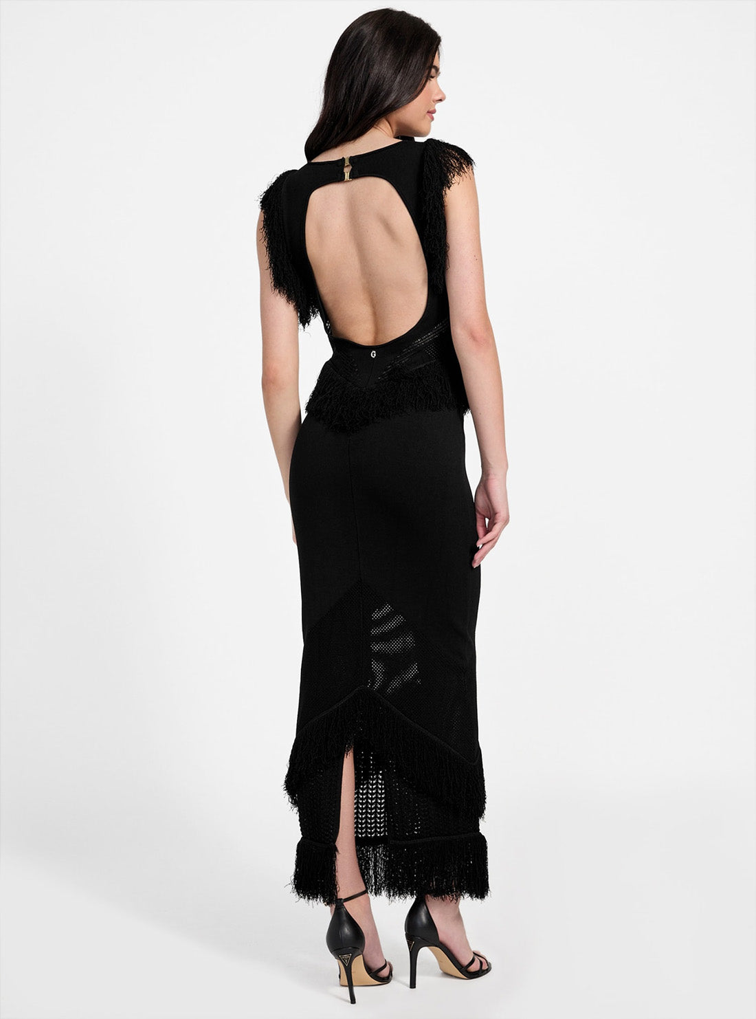 GUESS Womens Black Luisa Fringe Maxi Sweater Dress W5YK0FZ30Y2 Back View