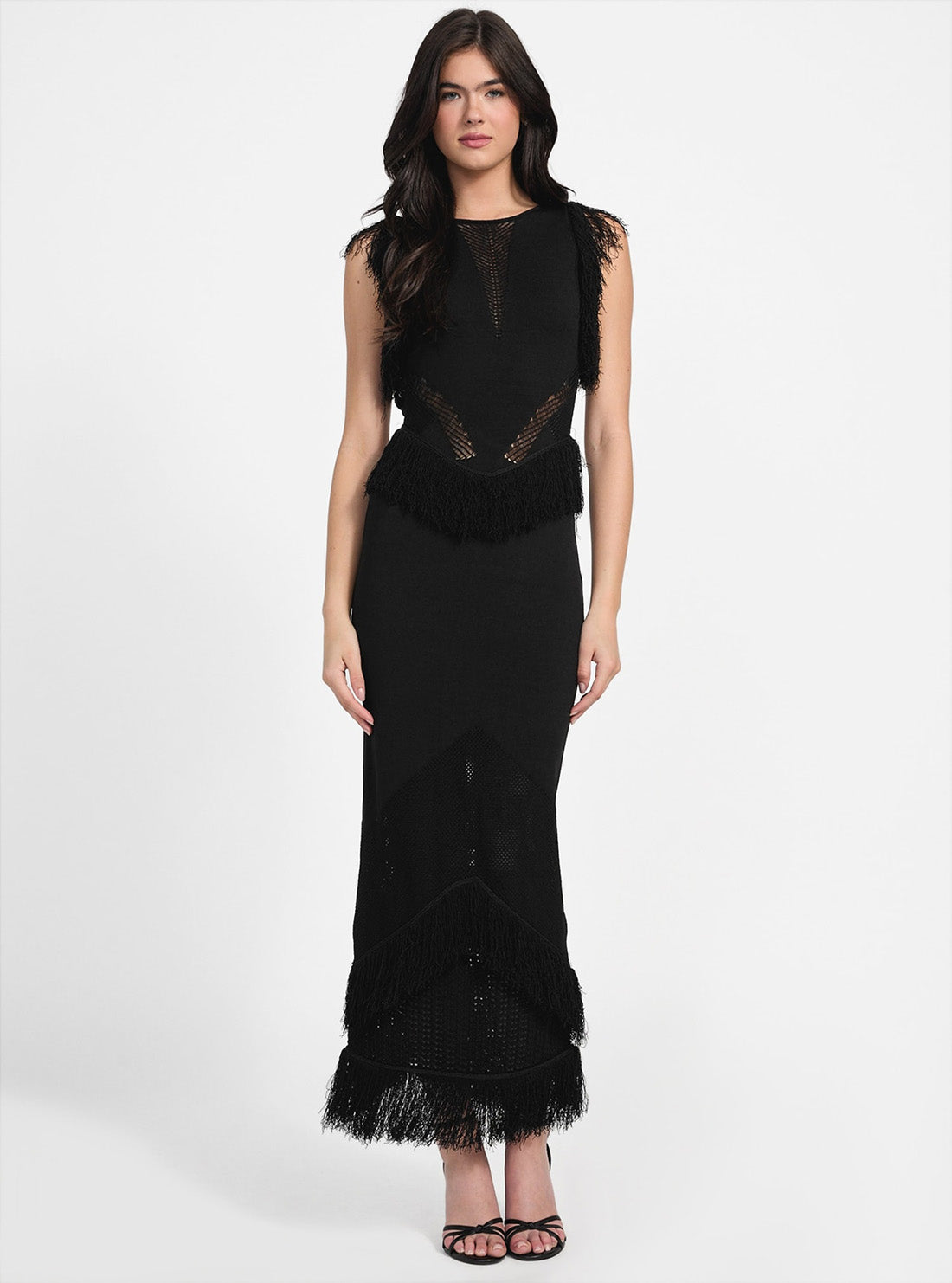 GUESS Womens Black Luisa Fringe Maxi Sweater Dress W5YK0FZ30Y2 Full View