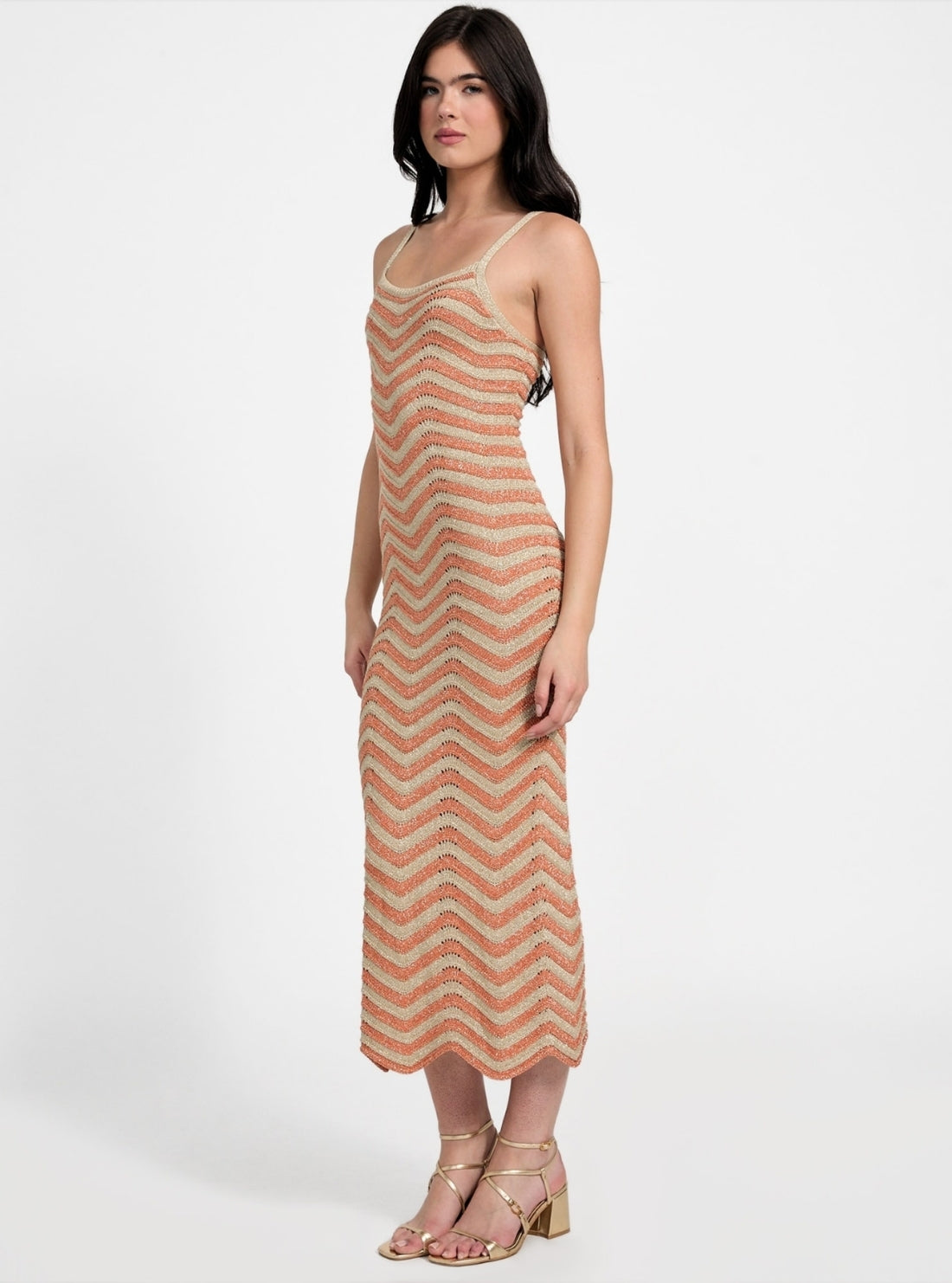 GUESS Womens Eco Orange Multi Stripe Vera Chevron Midi Lace Dress W5YK0VZ0192 Side View