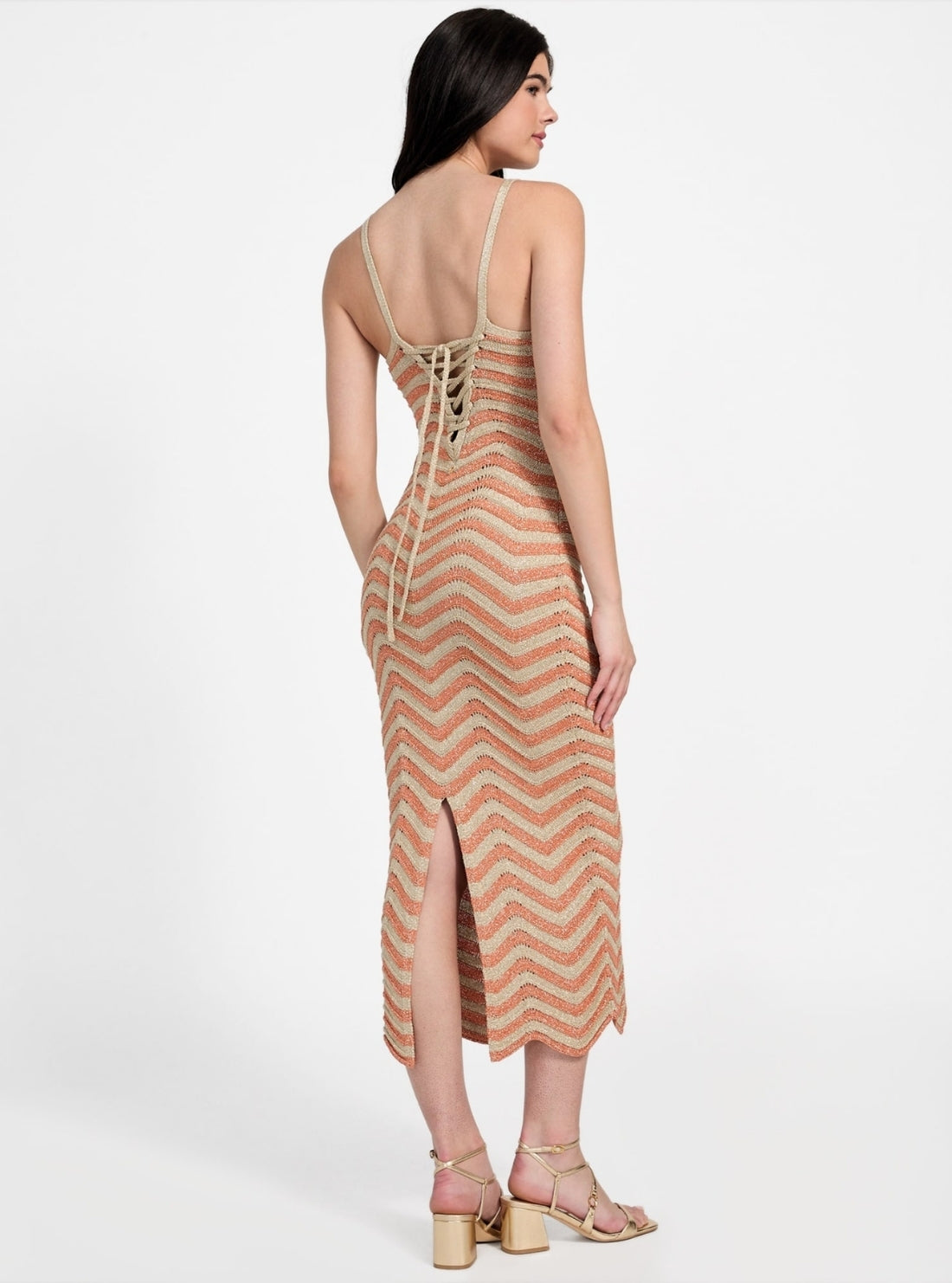 GUESS Womens Eco Orange Multi Stripe Vera Chevron Midi Lace Dress W5YK0VZ0192 Back VIew