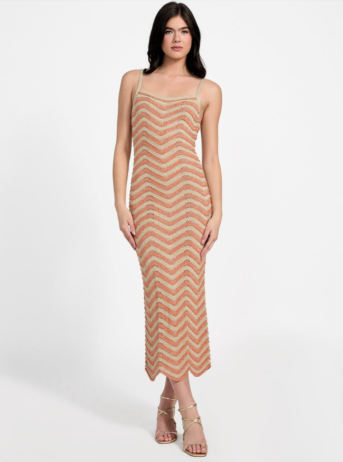 GUESS Womens Eco Orange Multi Stripe Vera Chevron Midi Lace Dress W5YK0VZ0192 Front View