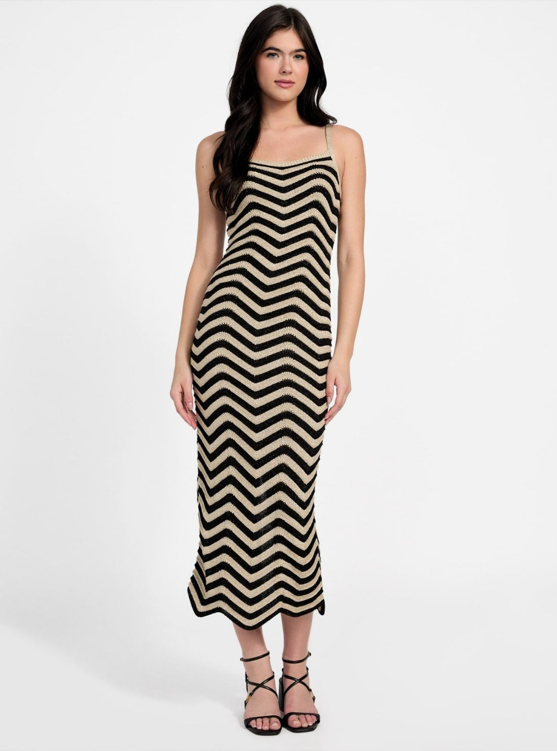 GUESS Womens Eco Multi Stripe Vera Chevron Midi Lace Dress W5YK0VZ0192 Front View