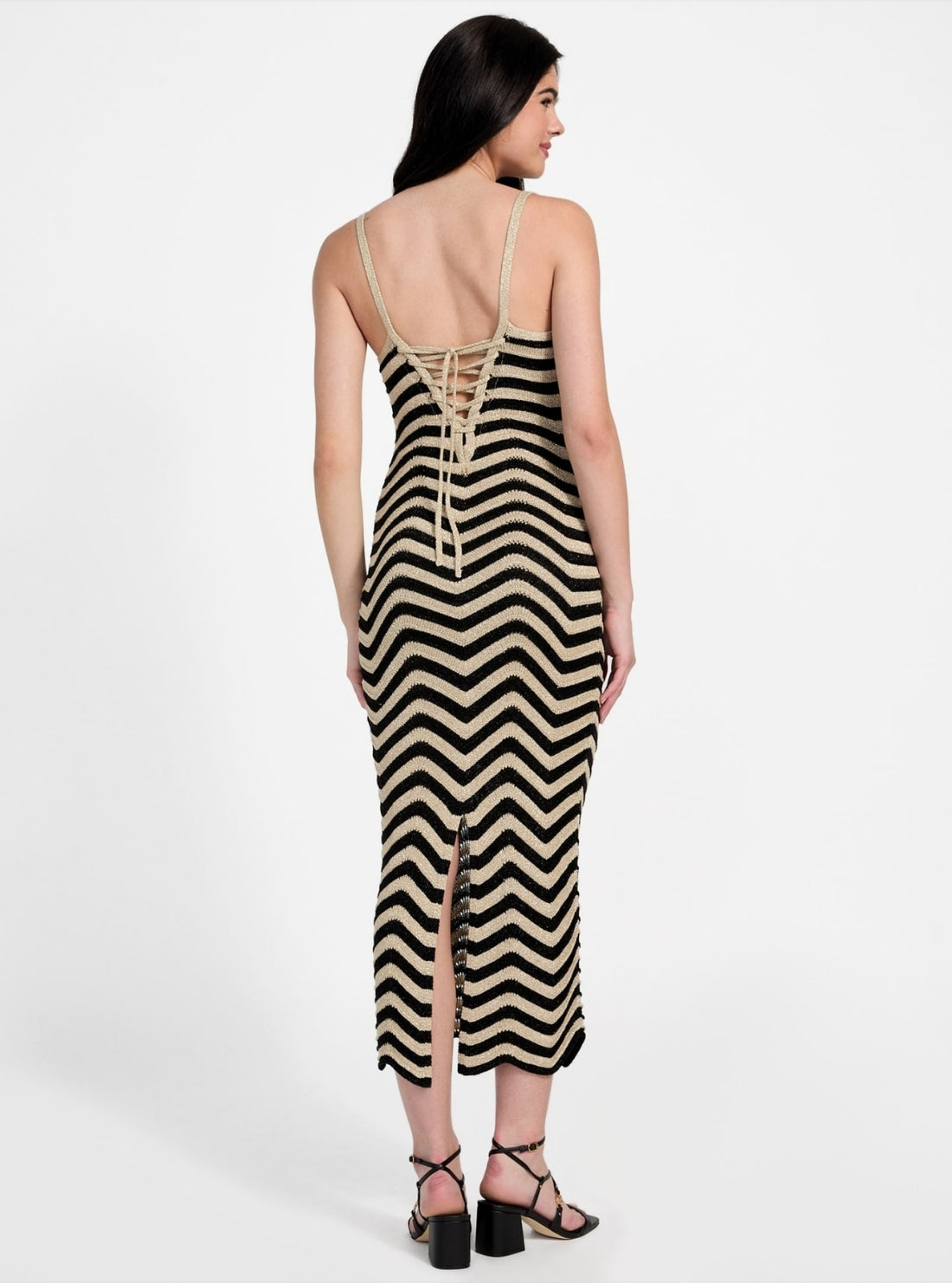 GUESS Womens Eco Multi Stripe Vera Chevron Midi Lace Dress W5YK0VZ0192 Back View