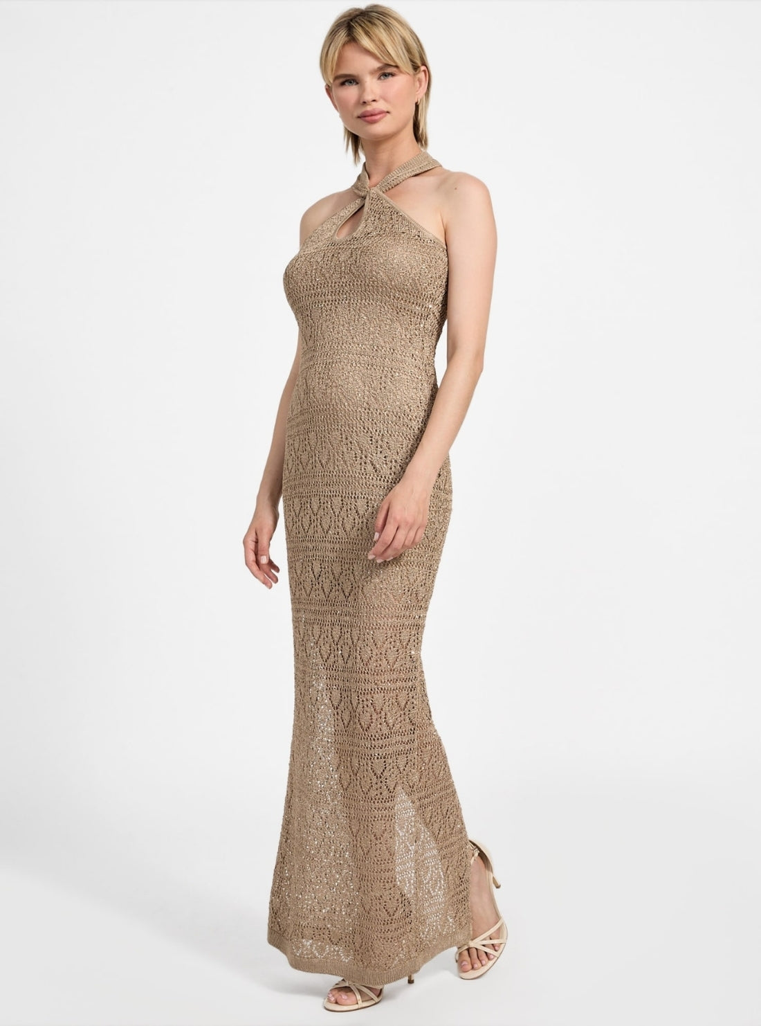 GUESS Womens Brown Cynthia Keyhole Maxi Dress W5YK48Z37G0 Front Side View