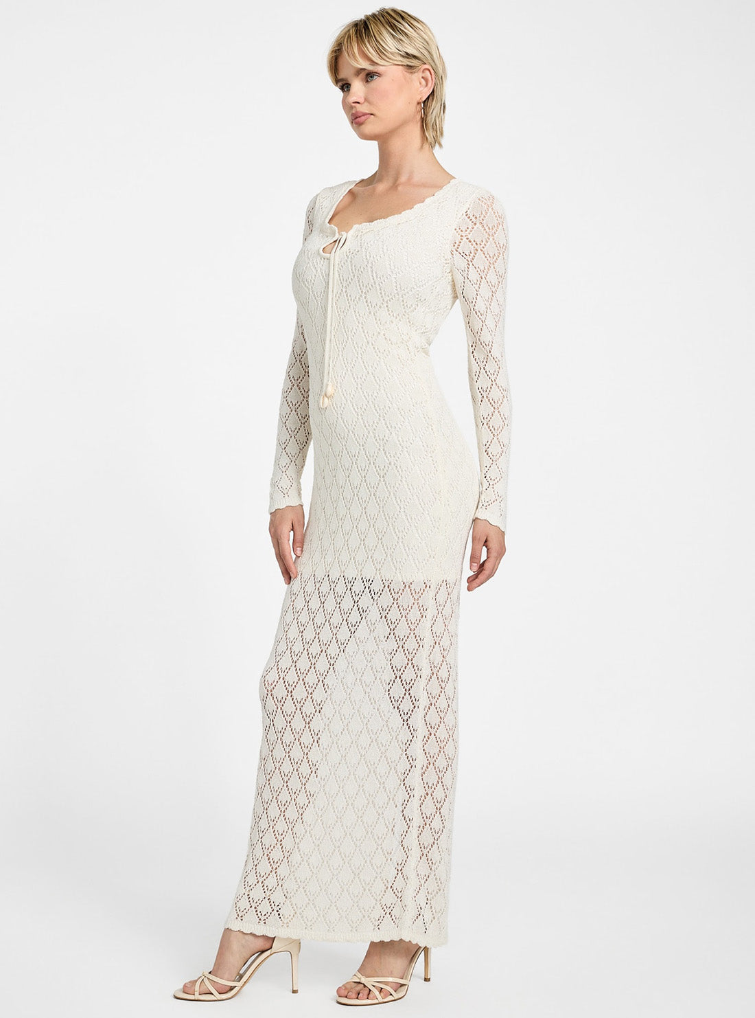 GUESS Womens White Alba Pointelle Maxi Dress W5YK85Z0010 Full Side View