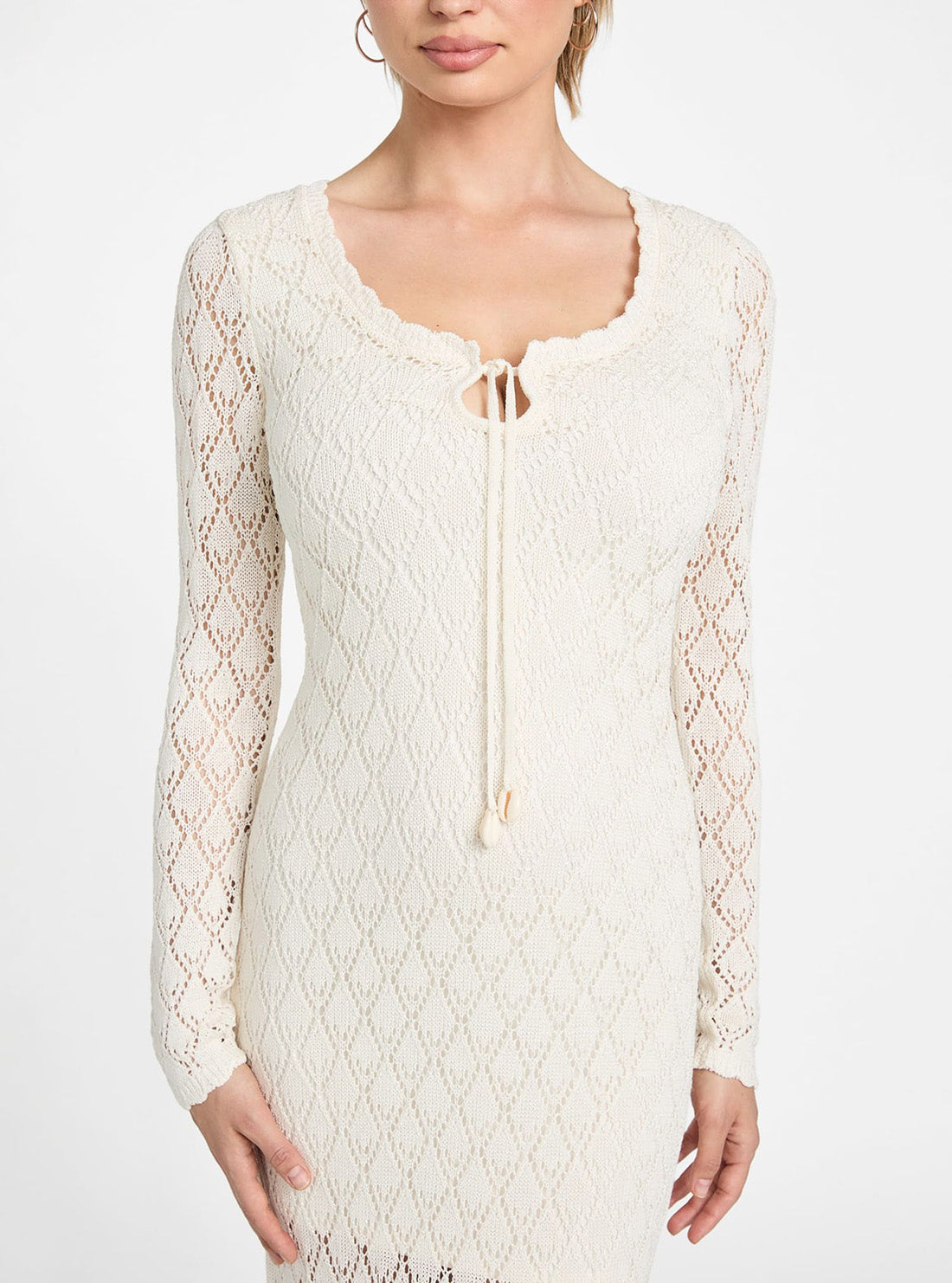 GUESS Womens White Alba Pointelle Maxi Dress W5YK85Z0010 Front Detail View