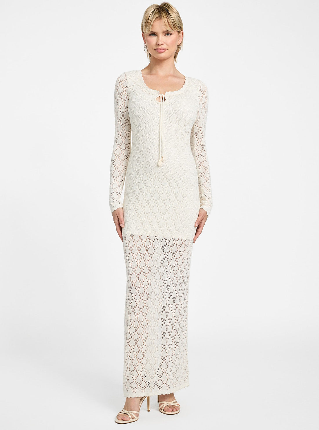GUESS Womens White Alba Pointelle Maxi Dress W5YK85Z0010 Front View