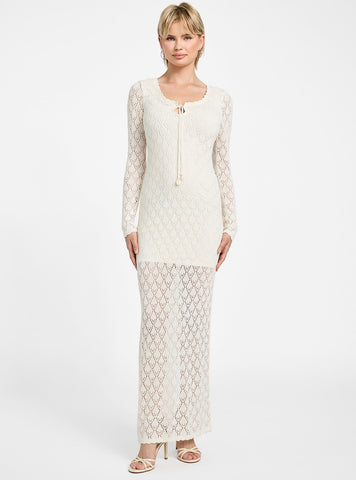 GUESS Womens White Alba Pointelle Maxi Dress W5YK85Z0010 Front View