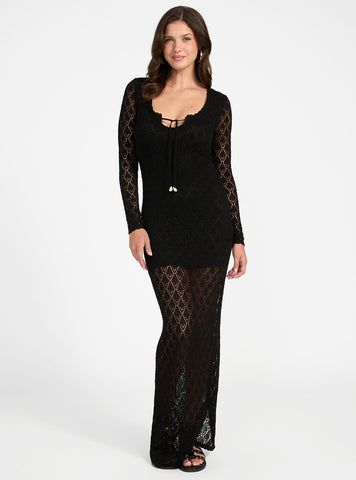 GUESS Womens Black Alba Pointelle Maxi Dress W5YK85Z0010 Full View