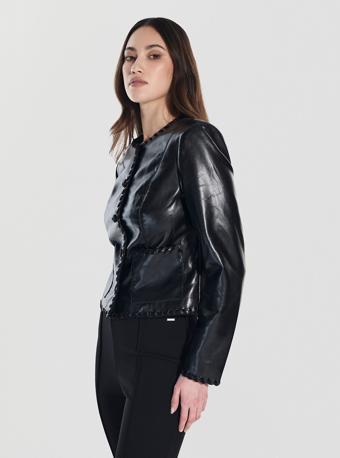 GUESS Womens Black Leontine Faux Saffiano Leather Jacket W5YL09WF8P0 Front Side View