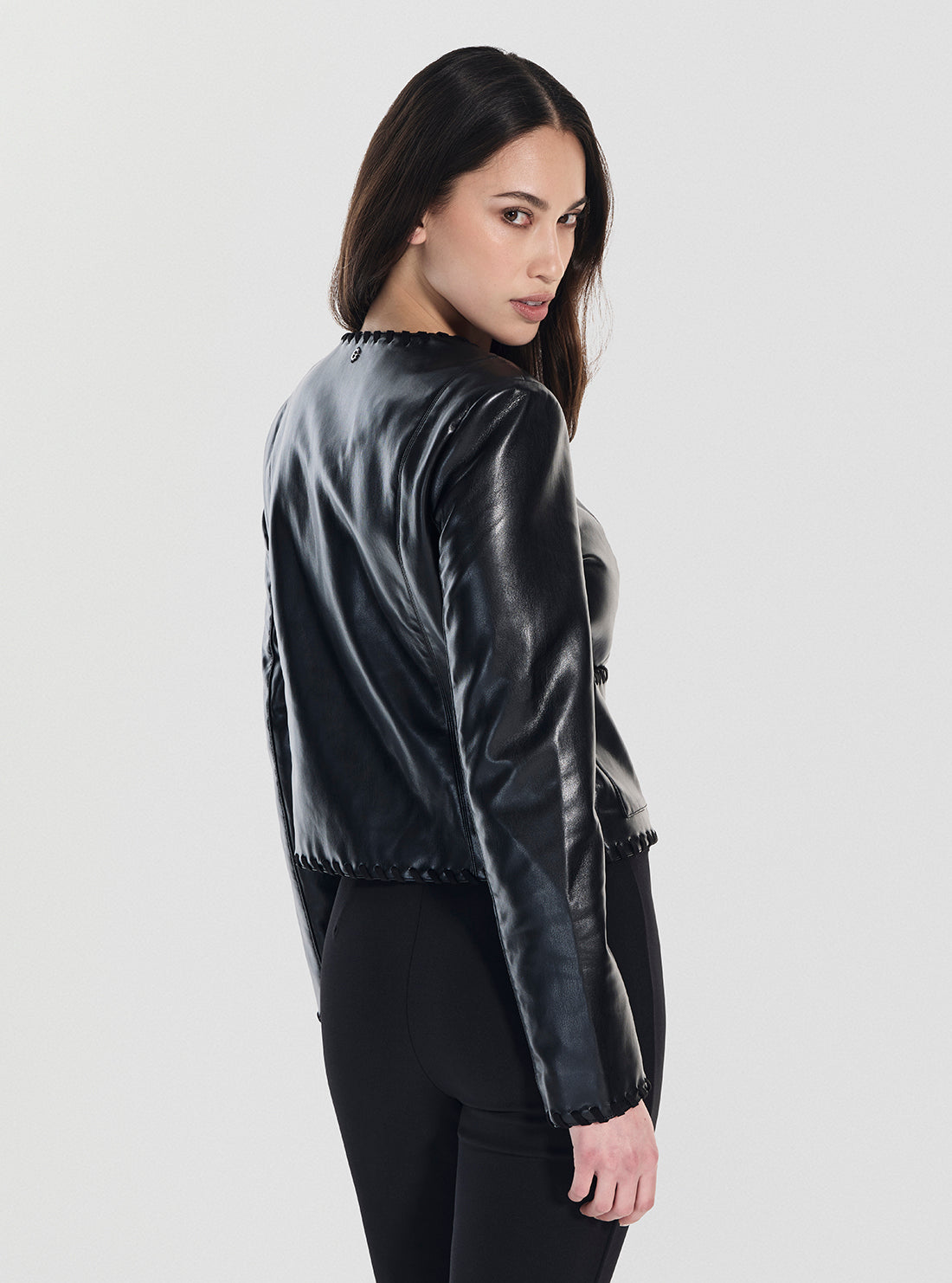 GUESS Womens Black Leontine Faux Saffiano Leather Jacket W5YL09WF8P0 Back Side View