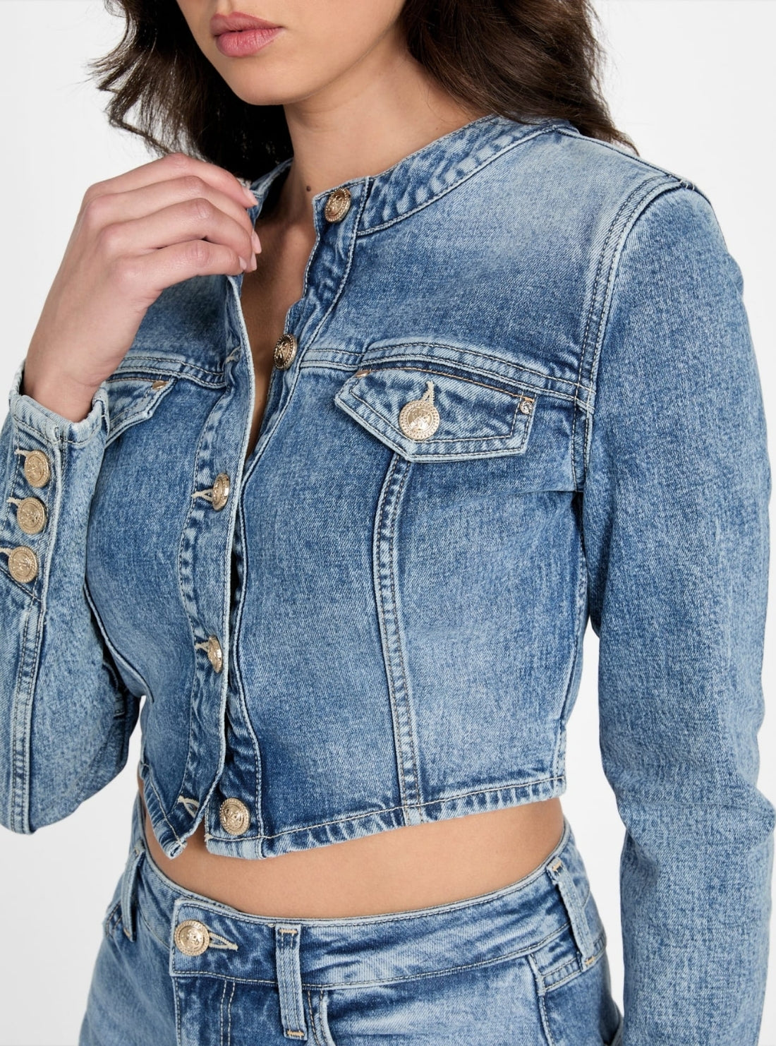 GUESS Womens Eco Blue Gemma Cropped Denim Jacket W5YN53D5QP2 Detail View