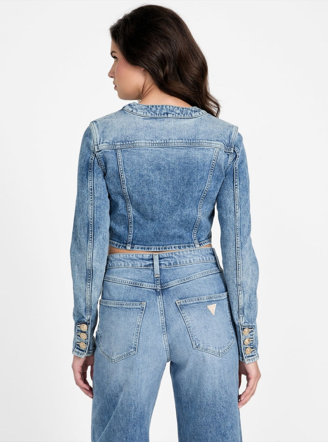 GUESS Womens Eco Blue Gemma Cropped Denim Jacket W5YN53D5QP2 Back View