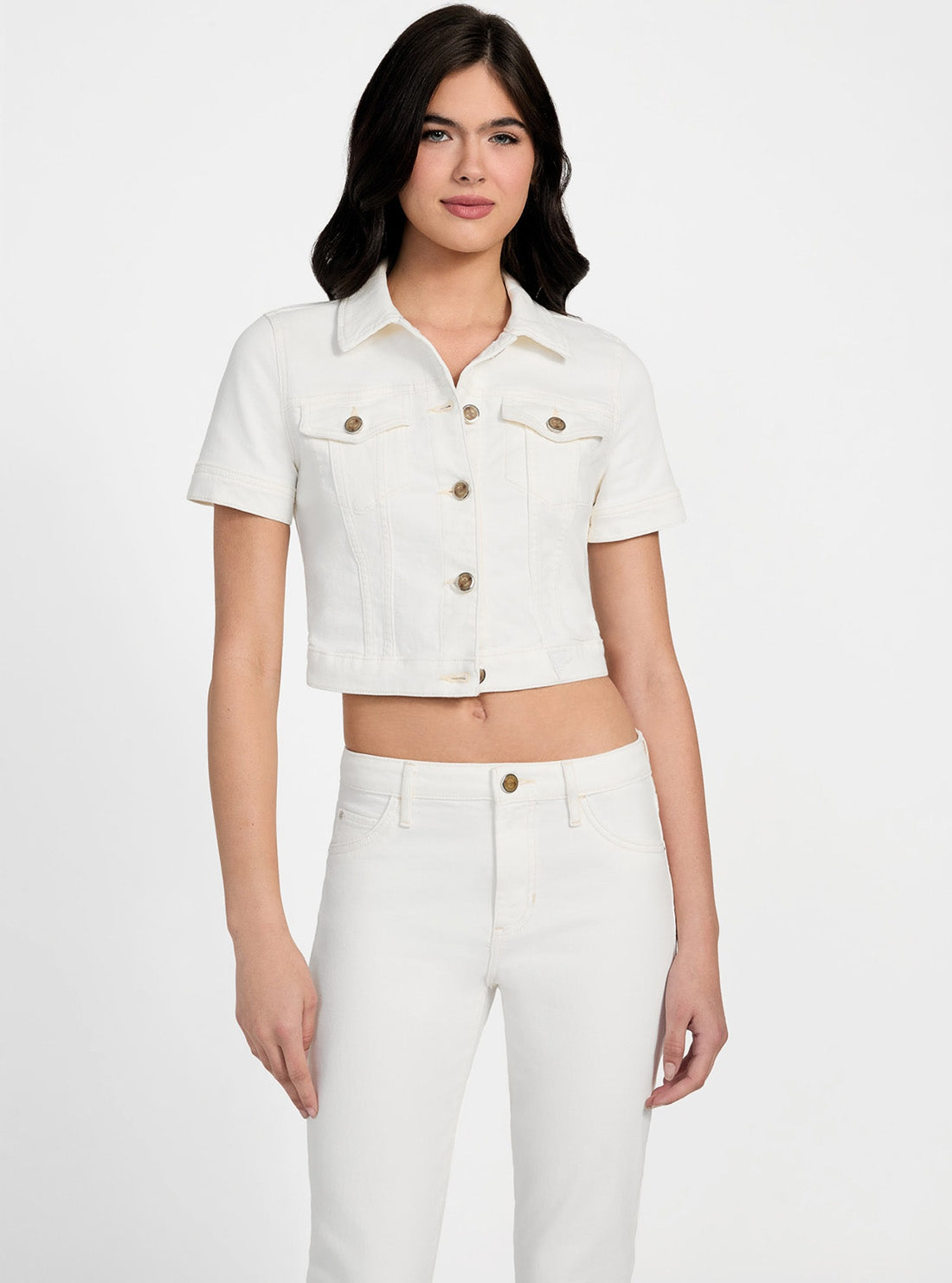 GUESS Womens White Sexy Cropped Denim Jacket W5YN54D4T50 Front View