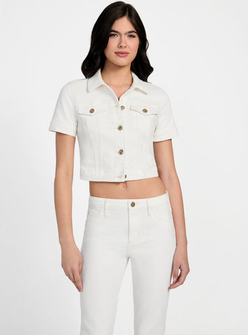 GUESS Womens White Sexy Cropped Denim Jacket W5YN54D4T50 Front View