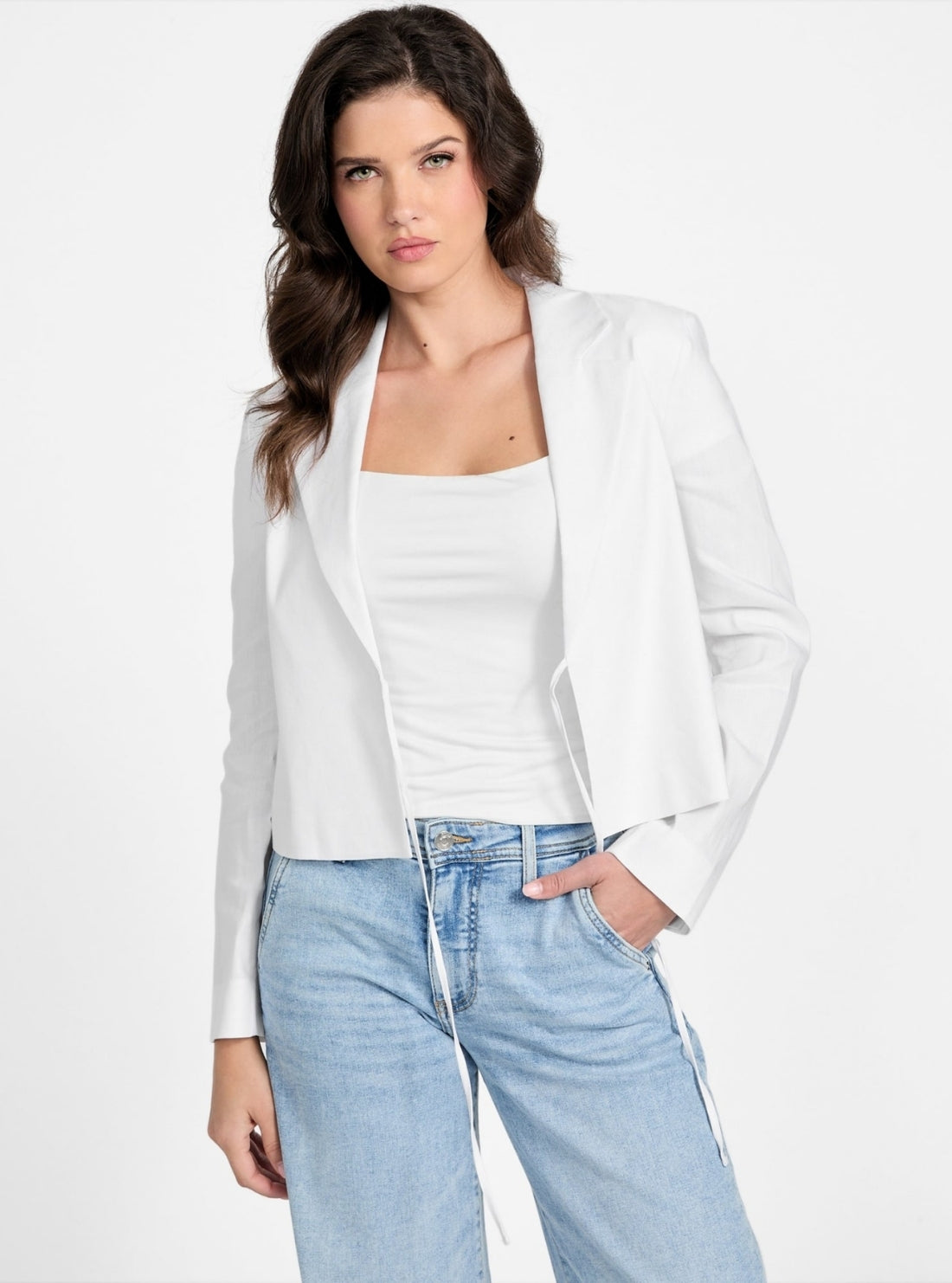 GUESS Womens Eco White Linden Cropped Blazer W5YN67WEI90 Front View