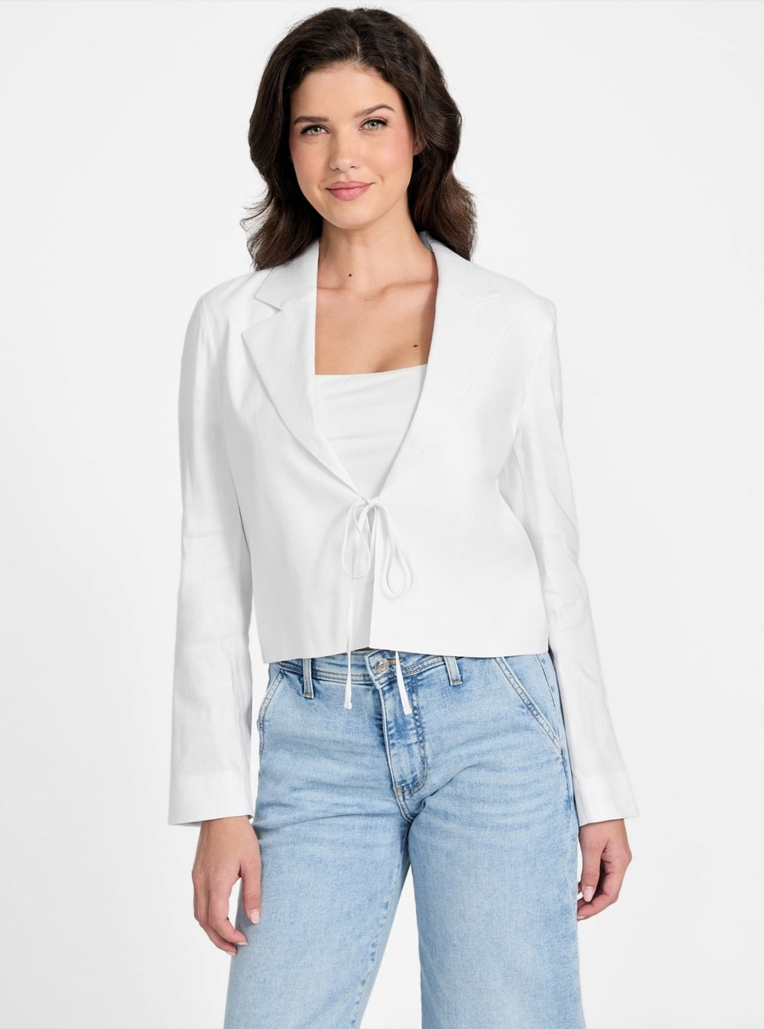 GUESS Womens Eco White Linden Cropped Blazer W5YN67WEI90 Front View