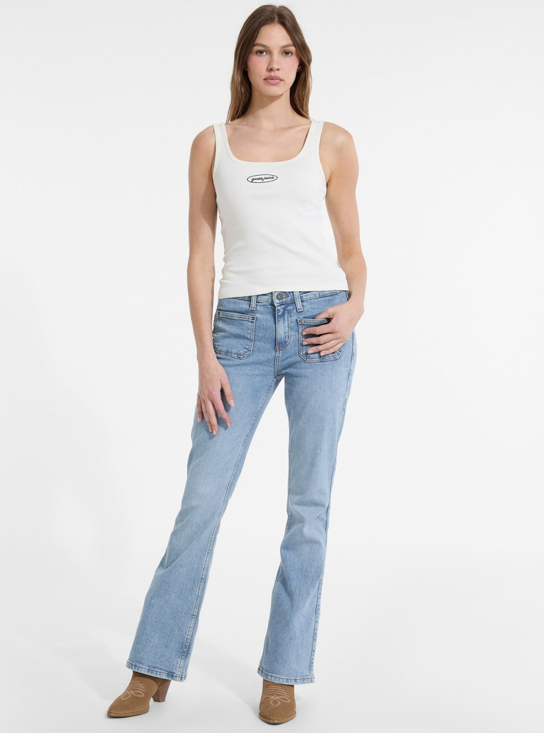 GUESS SL Tank Top Cristina In Beige, Taglia S – Canotta Con Lavorazione A Coste Metallica E Logo Con Strass