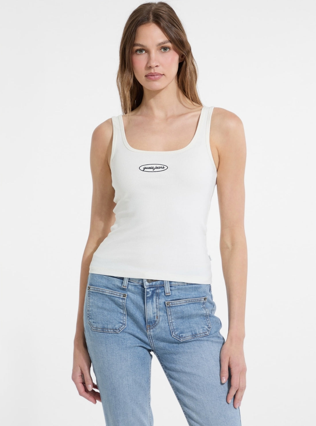 Guess Jeans Beige Slim Rib Tank Top W5YP35KA0H1 Front View