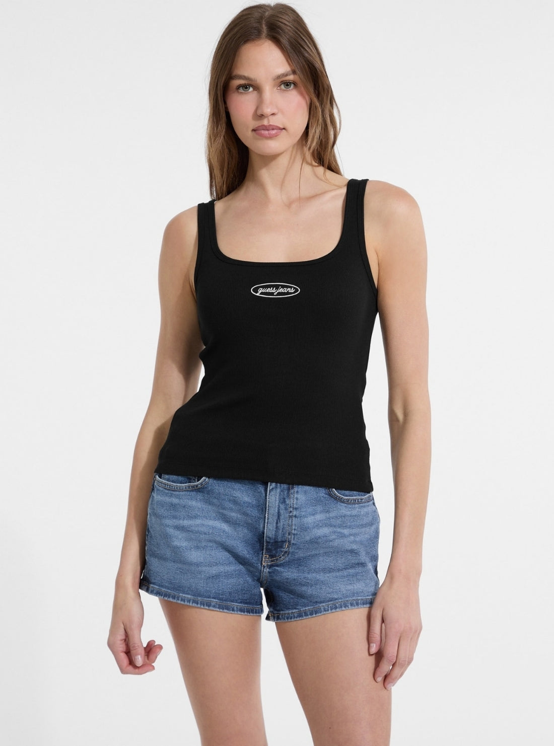 Guess Jeans Black Slim Rib Tank Top W5YP35KA0H1 Front View