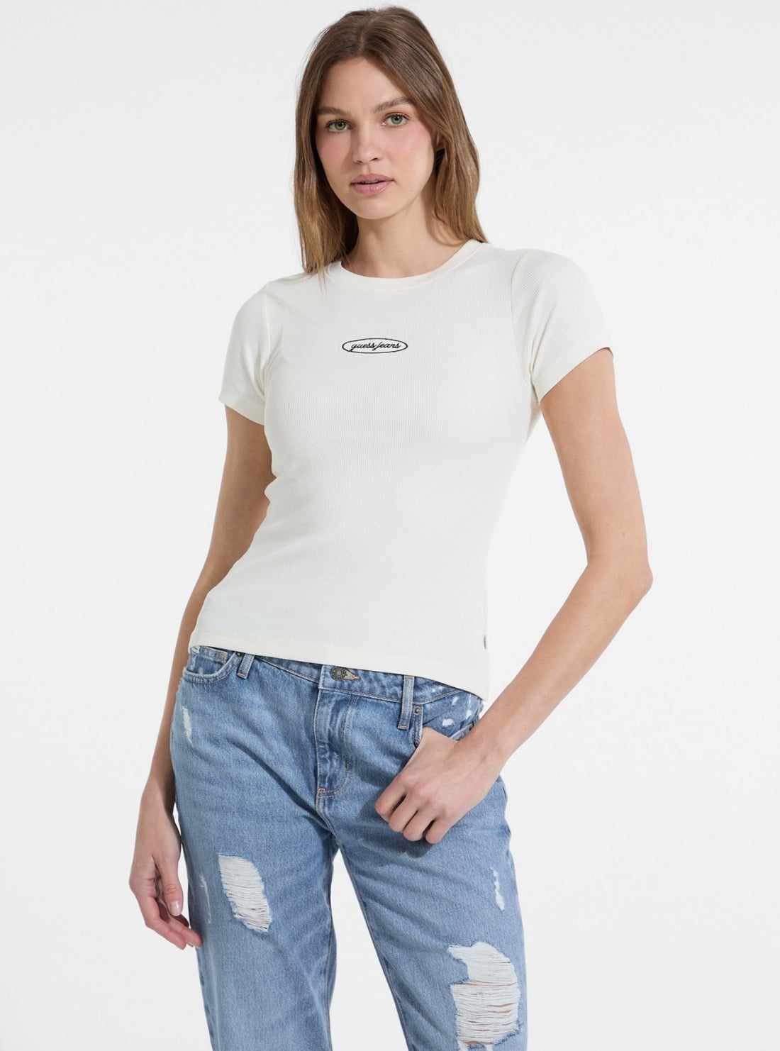 Guess Jeans Beige Embroidered Slim T-Shirt  W5YP37KA0H1 Front View