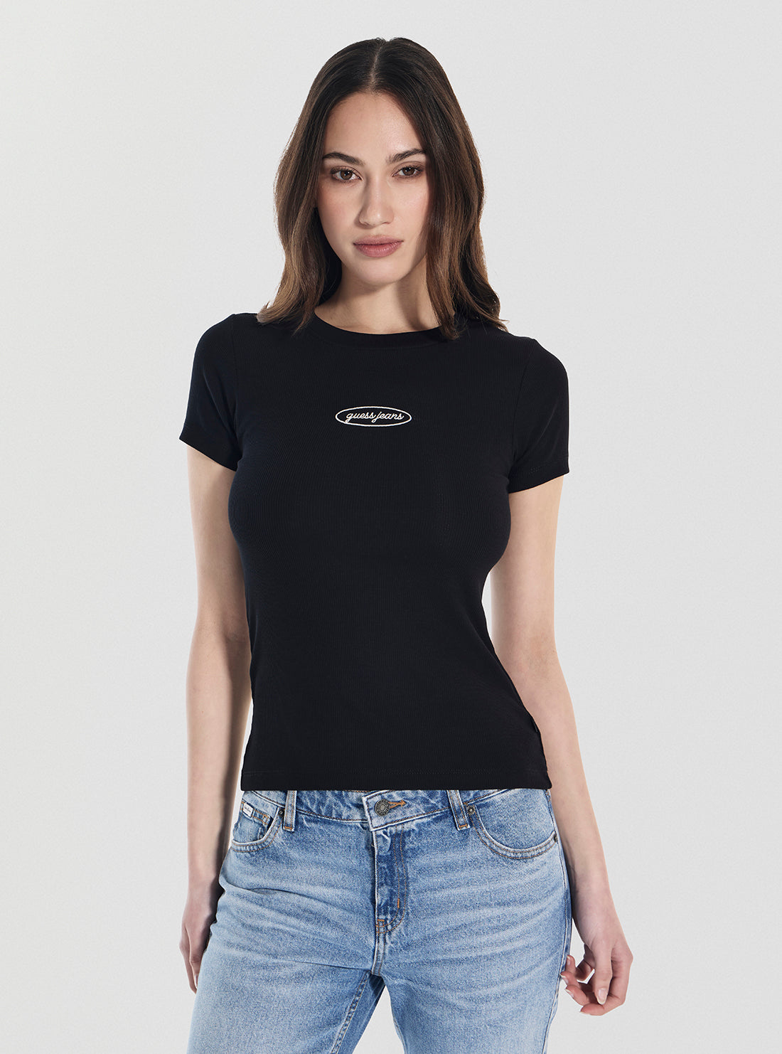 Guess Jeans Black Embroidered Slim T-Shirt W5YP37KA0H1 Front VIew