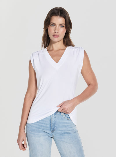 GUESS Womens White V-Neck Elevated Basic Top W5YP52KCYW2 Front View