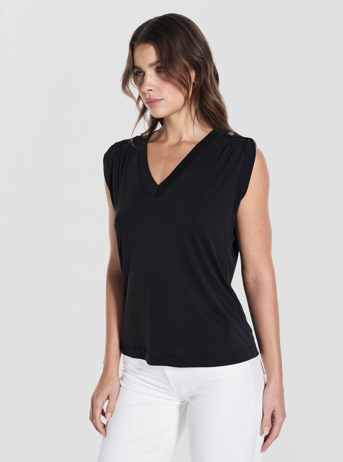 GUESS Womens Black V-Neck Elevated Basic Top W5YP52KCYW2 Front Side View
