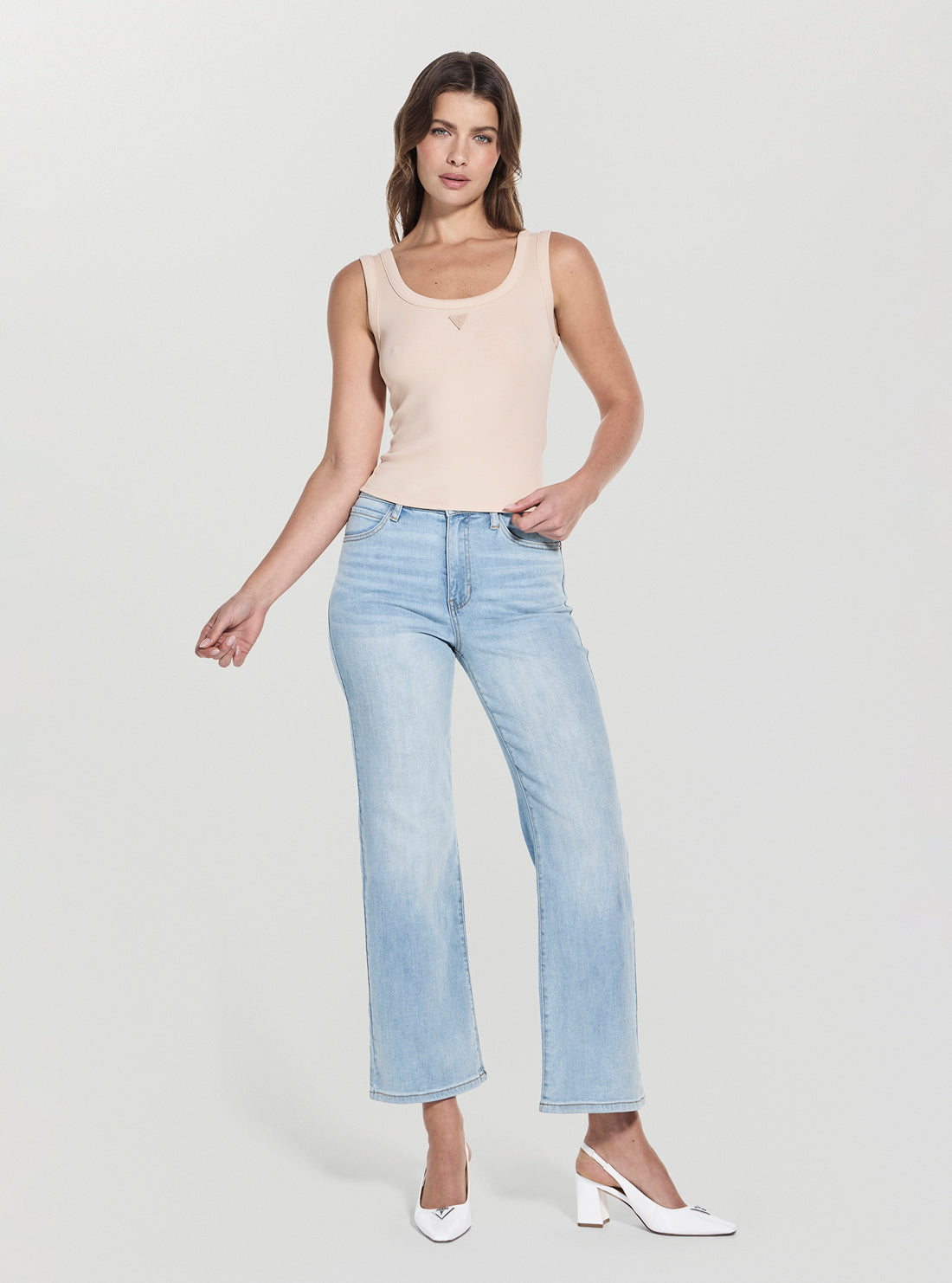 GUESS Womens Eco Beige Triangle Patch Tank Top W5YP54KA0H1 Full View