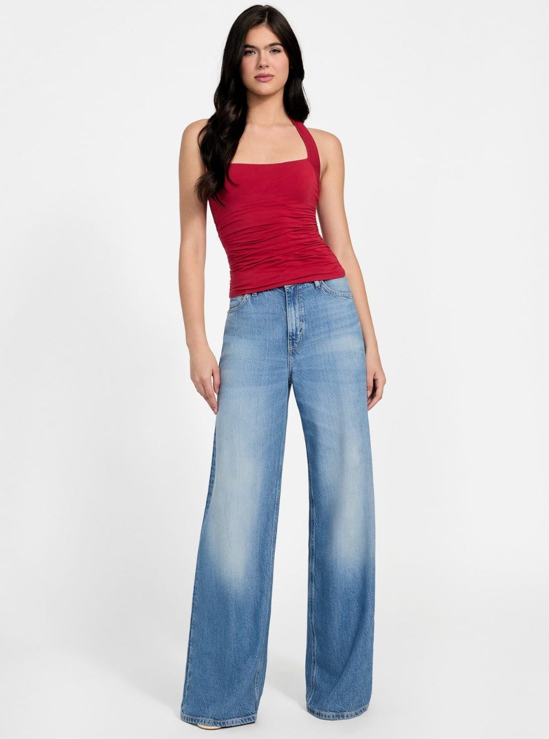 GUESS Womens Eco Red Nora Halter Shirred Tank Top W5YP62KACM2 Full View_2